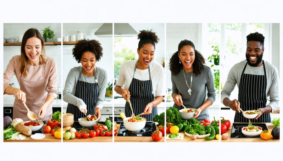 Diverse group of people cooking multicultural dishes in their home kitchens while connected by a video call, each showcasing a unique culinary style.