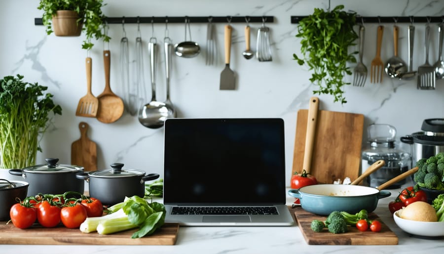 Well-organized kitchen counter with laptop, measured ingredients, and cooking equipment ready for virtual cooking