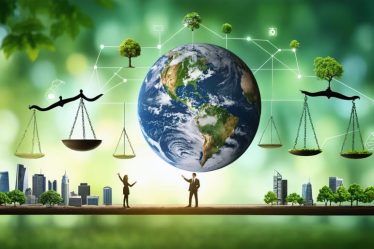 An abstract illustration depicting the integration of virtue ethics in business across diverse industries like beauty and food service, symbolized by justice scales, a green earth, and figures shaking hands to represent justice, environmental stewardship, and fair trade practices.