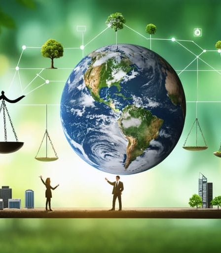 An abstract illustration depicting the integration of virtue ethics in business across diverse industries like beauty and food service, symbolized by justice scales, a green earth, and figures shaking hands to represent justice, environmental stewardship, and fair trade practices.