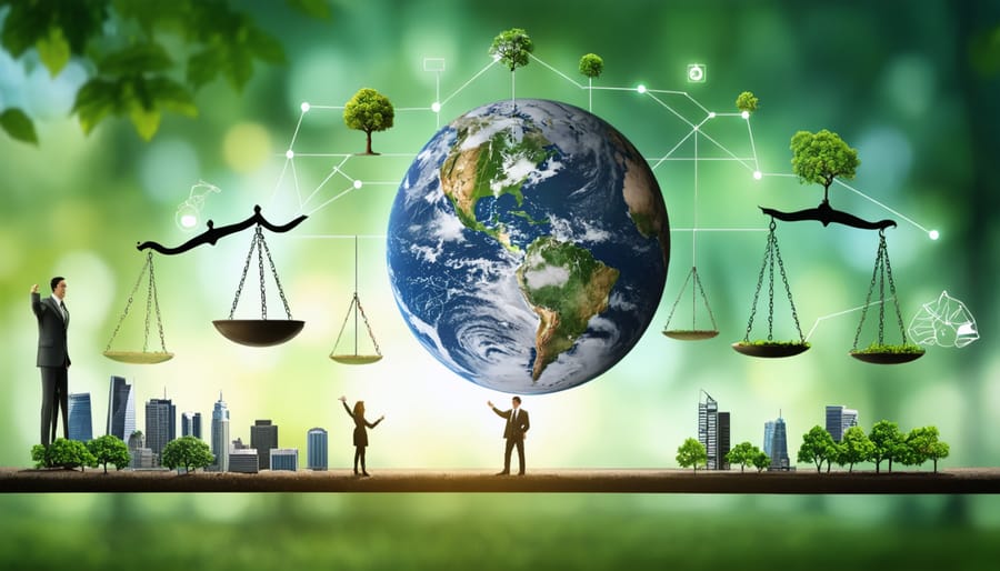 An abstract illustration depicting the integration of virtue ethics in business across diverse industries like beauty and food service, symbolized by justice scales, a green earth, and figures shaking hands to represent justice, environmental stewardship, and fair trade practices.