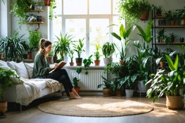 A peaceful living room filled with various indoor plants, creating a wellness sanctuary with a woman relaxing in a cozy reading nook.