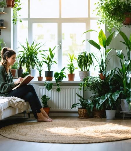 A peaceful living room filled with various indoor plants, creating a wellness sanctuary with a woman relaxing in a cozy reading nook.