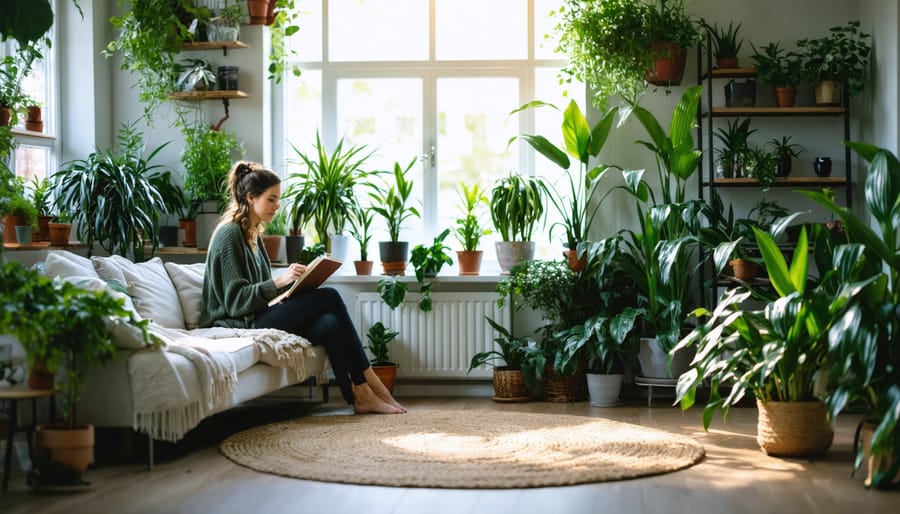 A peaceful living room filled with various indoor plants, creating a wellness sanctuary with a woman relaxing in a cozy reading nook.