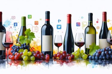 A creative illustration showcasing modern wine culture, featuring a blend of traditional wine bottles, diverse global culinary elements, social media icons, and digital sommelier tools.