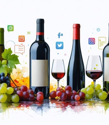 A creative illustration showcasing modern wine culture, featuring a blend of traditional wine bottles, diverse global culinary elements, social media icons, and digital sommelier tools.