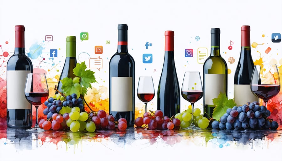A creative illustration showcasing modern wine culture, featuring a blend of traditional wine bottles, diverse global culinary elements, social media icons, and digital sommelier tools.