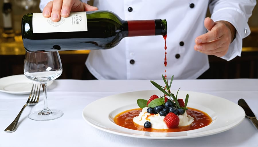 Professional sommelier explaining wine selection while pouring for guests at an intimate dinner