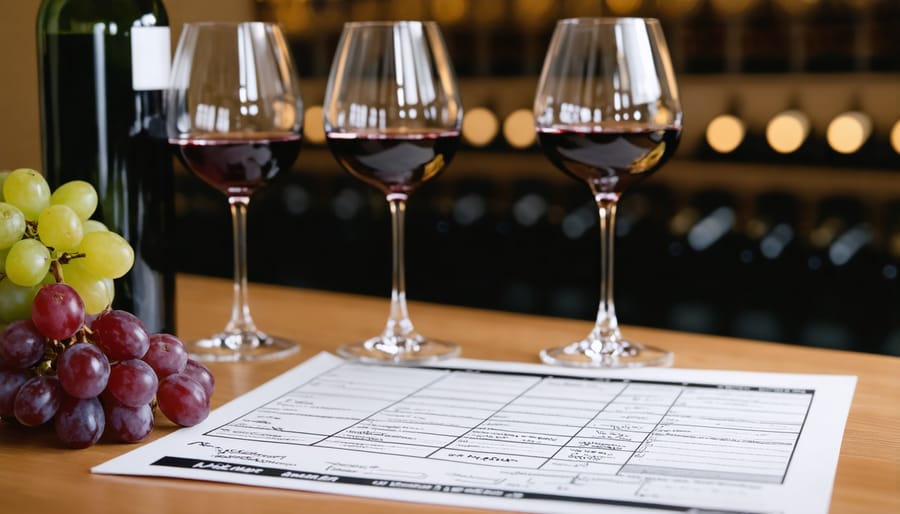 Professional wine tasting arrangement with proper equipment and scoring materials