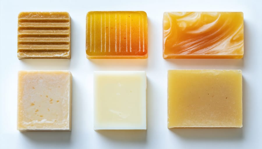 Various colorful zero waste beauty bars arranged on a wooden surface