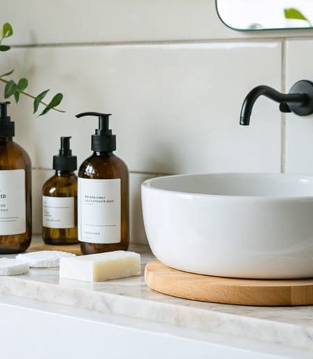 A minimalist bathroom counter displaying zero waste beauty products including solid shampoo bars, reusable cotton pads, and bottles of natural oils in a serene and eco-friendly setting.