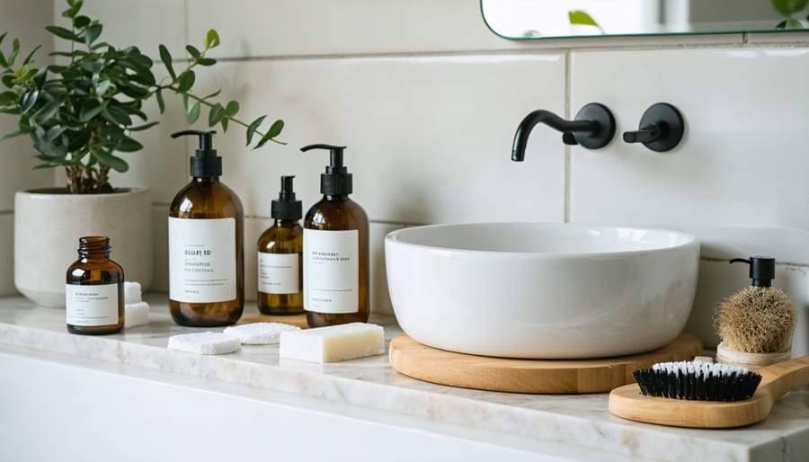 A minimalist bathroom counter displaying zero waste beauty products including solid shampoo bars, reusable cotton pads, and bottles of natural oils in a serene and eco-friendly setting.