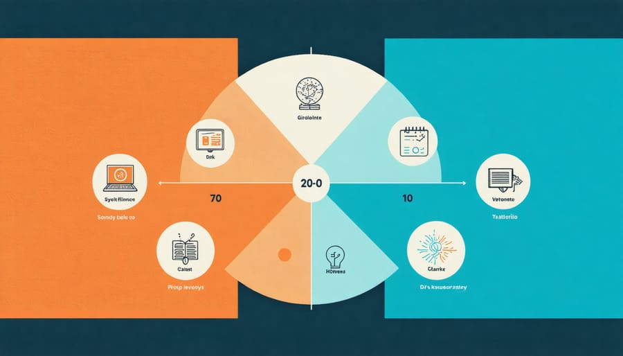 Pie chart illustrating the 70-20-10 learning model breakdown with experiential, social, and formal learning segments