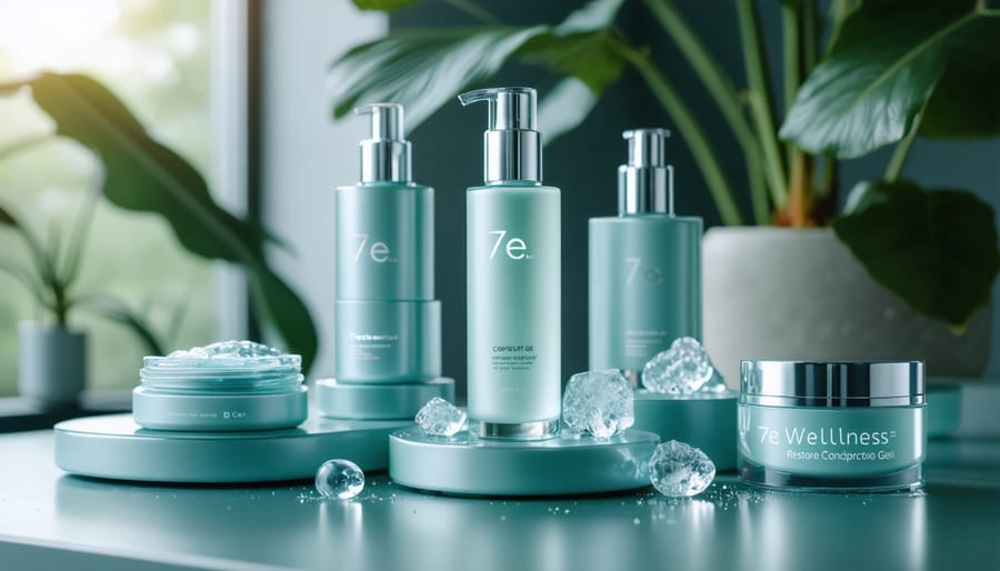 7e Wellness Restore Conductive Gel bottle displayed with microcurrent devices, highlighting the gel's smooth texture and advanced skincare technology.