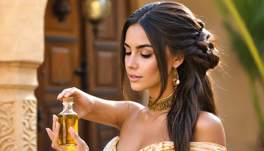 Traditional African beauty ritual showing application of argan oil to hair
