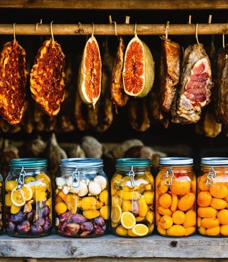 A collage showcasing various traditional food preservation methods, including sun-drying herbs and tomatoes on wooden racks, meats hanging in a traditional smokehouse, colorful jars of pickled vegetables, and salted cod drying by the sea.
