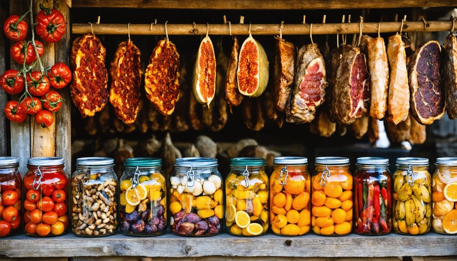 A collage showcasing various traditional food preservation methods, including sun-drying herbs and tomatoes on wooden racks, meats hanging in a traditional smokehouse, colorful jars of pickled vegetables, and salted cod drying by the sea.