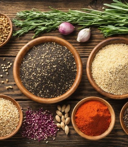 A visually appealing display of ancient grains including quinoa, amaranth, teff, and spelt arranged in rustic wooden bowls, complemented by fresh herbs and vintage kitchen utensils, illustrating their nutritional richness and versatility.