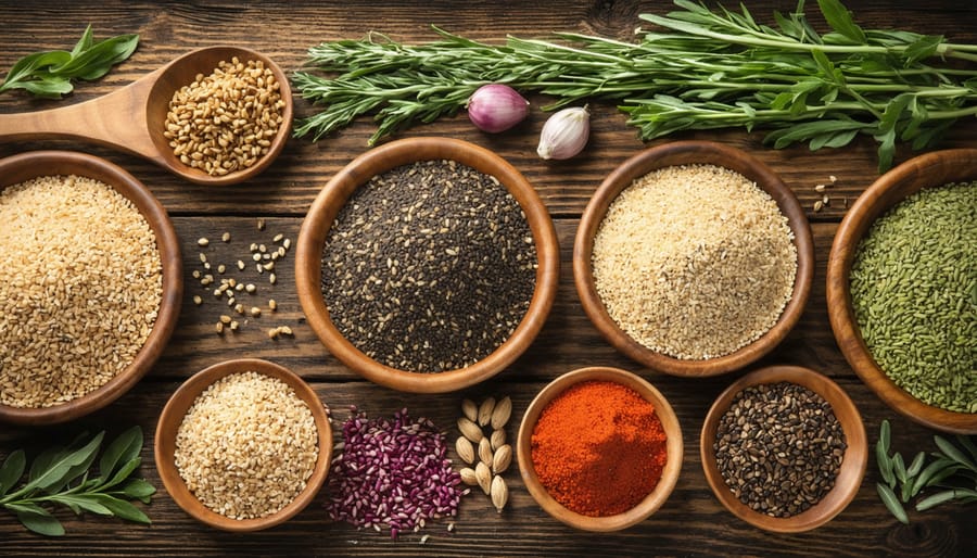 A visually appealing display of ancient grains including quinoa, amaranth, teff, and spelt arranged in rustic wooden bowls, complemented by fresh herbs and vintage kitchen utensils, illustrating their nutritional richness and versatility.