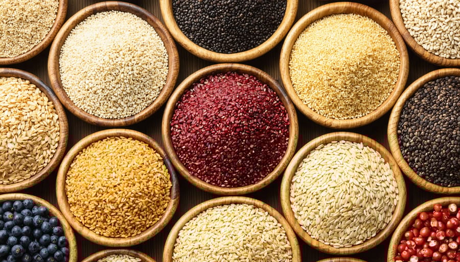 Collection of different ancient grains displayed in rustic wooden bowls
