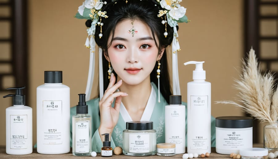 Asian woman applying traditional Korean skincare products in sequence