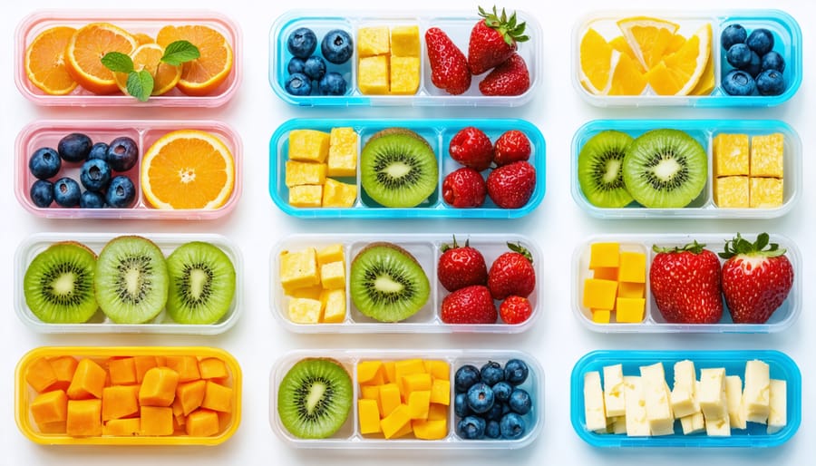 Multiple prepared snack containers featuring various healthy food combinations