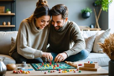 A married couple enjoying quality time together while playing a board game in their cozy living room, symbolizing the importance of friendship in marriage.