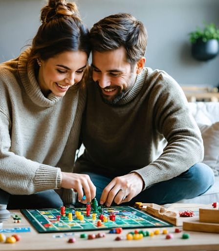A married couple enjoying quality time together while playing a board game in their cozy living room, symbolizing the importance of friendship in marriage.