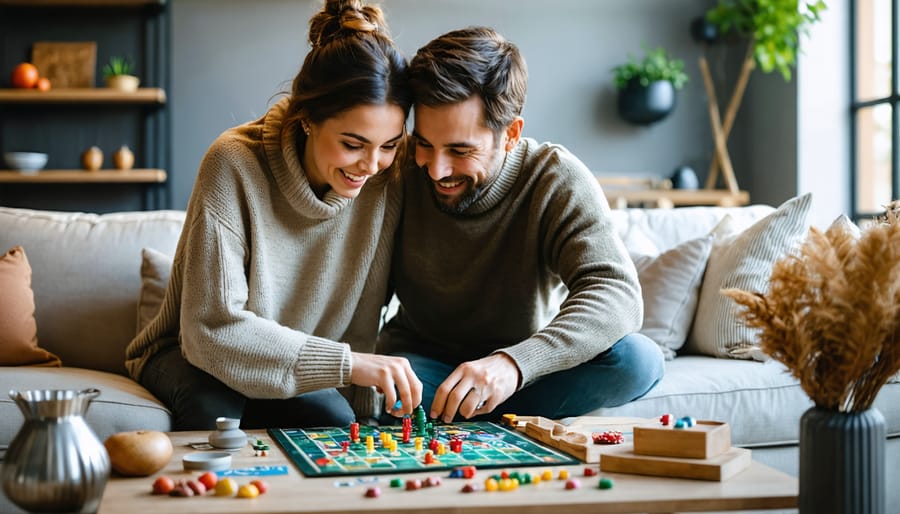 A married couple enjoying quality time together while playing a board game in their cozy living room, symbolizing the importance of friendship in marriage.