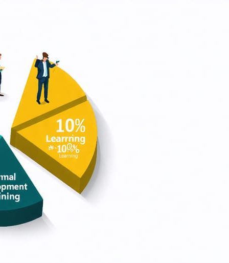 Conceptual illustration of a pie chart depicting the 70-20-10 learning model with sections illustrating experiential learning, social mentorship, and formal training.