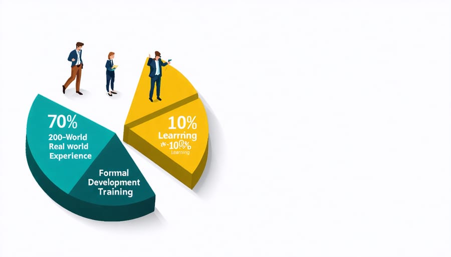 Conceptual illustration of a pie chart depicting the 70-20-10 learning model with sections illustrating experiential learning, social mentorship, and formal training.