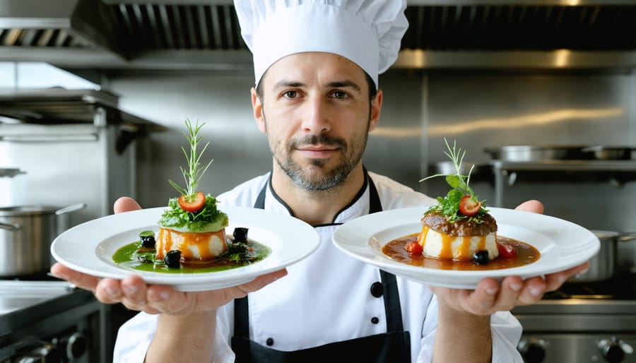 Chef examining two plates of identical dishes made with different farming methods