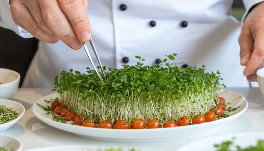 Professional chef adding final garnishes to an elaborate plate presentation