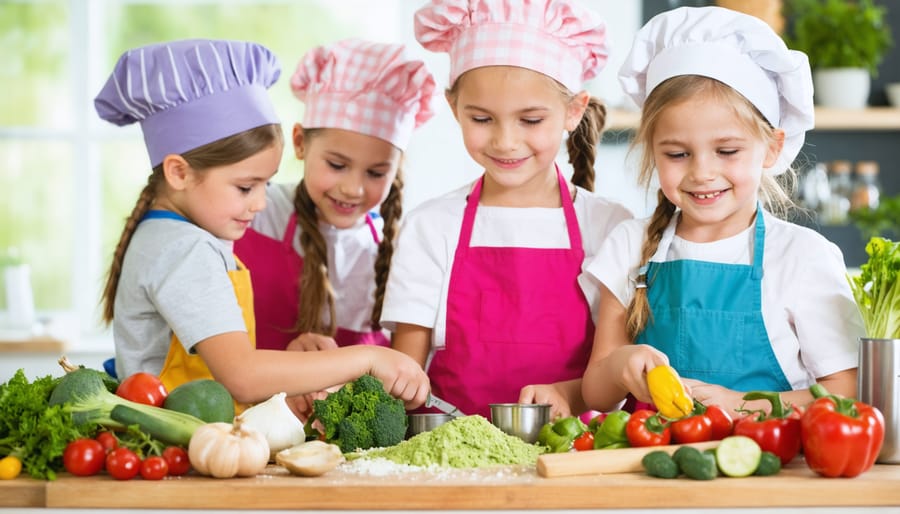 Energetic children wearing colorful aprons and chef hats enthusiastically participating in a hands-on cooking class, learning kitchen skills with fresh ingredients in a lively, bright kitchen setting.