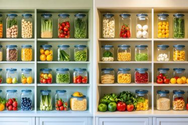 A side-by-side comparison of a kitchen pantry before and after transformation, showing processed foods replaced with whole, clean eating ingredients such as fresh fruits, vegetables, grains, and nuts in an organized space.