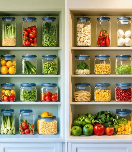 A side-by-side comparison of a kitchen pantry before and after transformation, showing processed foods replaced with whole, clean eating ingredients such as fresh fruits, vegetables, grains, and nuts in an organized space.