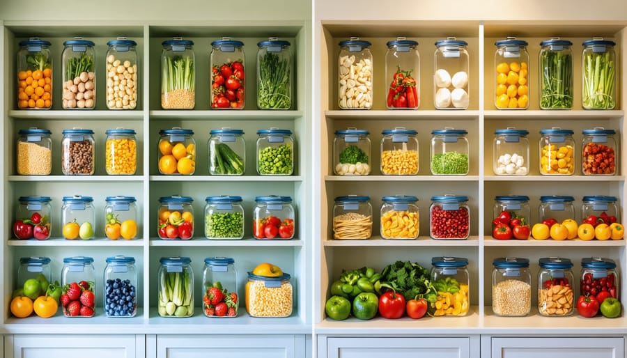 A side-by-side comparison of a kitchen pantry before and after transformation, showing processed foods replaced with whole, clean eating ingredients such as fresh fruits, vegetables, grains, and nuts in an organized space.