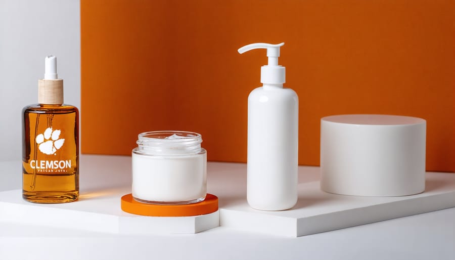 Beauty products developed by Clemson student entrepreneurs displayed against orange and purple backdrop