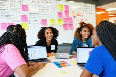 Female students collaborating on business ideas in Clemson's entrepreneurship center
