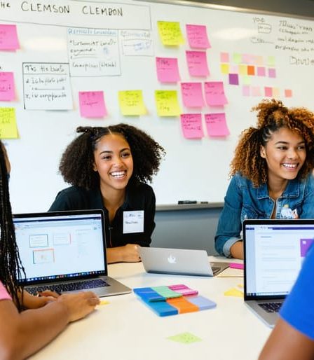 Female students collaborating on business ideas in Clemson's entrepreneurship center