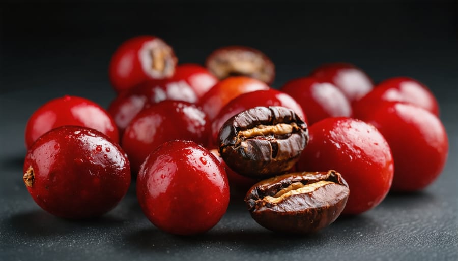 Cross-section of ripe coffee cherries showing beans and fermentable mucilage layer