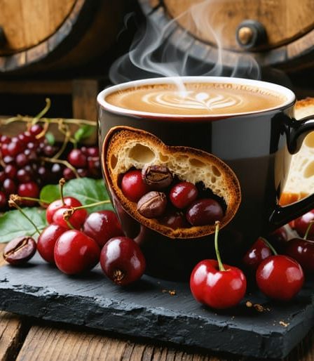 A steaming cup of coffee alongside open coffee cherries displaying exposed beans and mucilage, highlighting their fermentation process, with elements of wine barrels and sourdough bread in the background to illustrate the transformation of flavors through fermentation.
