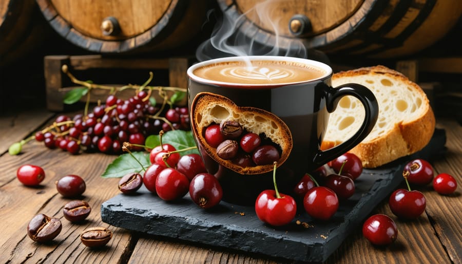 A steaming cup of coffee alongside open coffee cherries displaying exposed beans and mucilage, highlighting their fermentation process, with elements of wine barrels and sourdough bread in the background to illustrate the transformation of flavors through fermentation.
