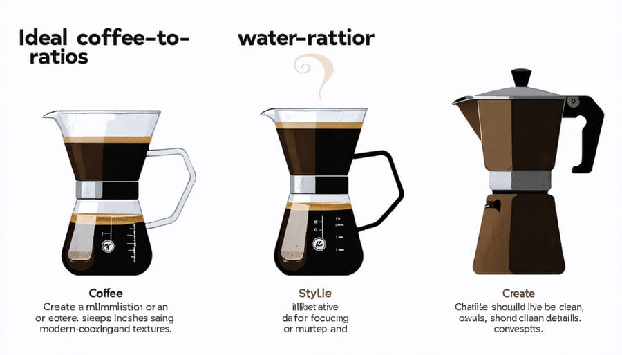 Coffee-to-water ratio guide for various brewing methods including drip, pour-over, and French press