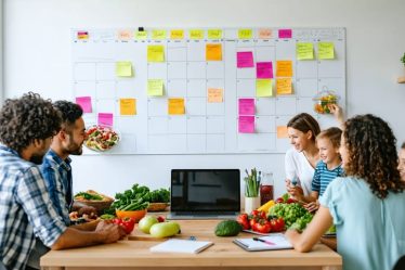 A family working together around a kitchen table planning weekly meals with a whiteboard calendar, colorful sticky notes, fresh ingredients, a laptop, and a notepad, showcasing the organization and teamwork in meal planning.