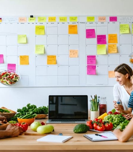 A family working together around a kitchen table planning weekly meals with a whiteboard calendar, colorful sticky notes, fresh ingredients, a laptop, and a notepad, showcasing the organization and teamwork in meal planning.