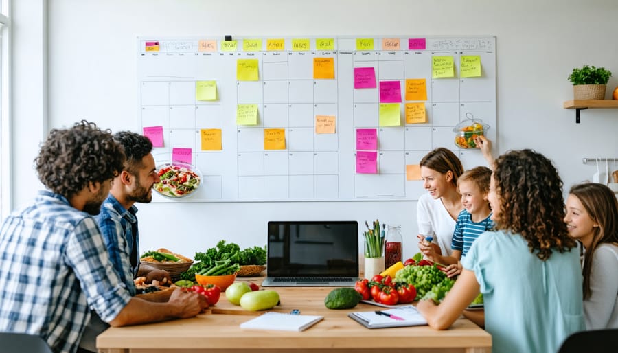 A family working together around a kitchen table planning weekly meals with a whiteboard calendar, colorful sticky notes, fresh ingredients, a laptop, and a notepad, showcasing the organization and teamwork in meal planning.