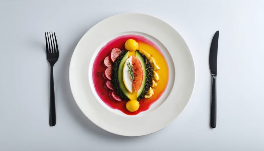 Artistic plate presentation featuring contrasting colors of red beets, green herbs, and white sauce