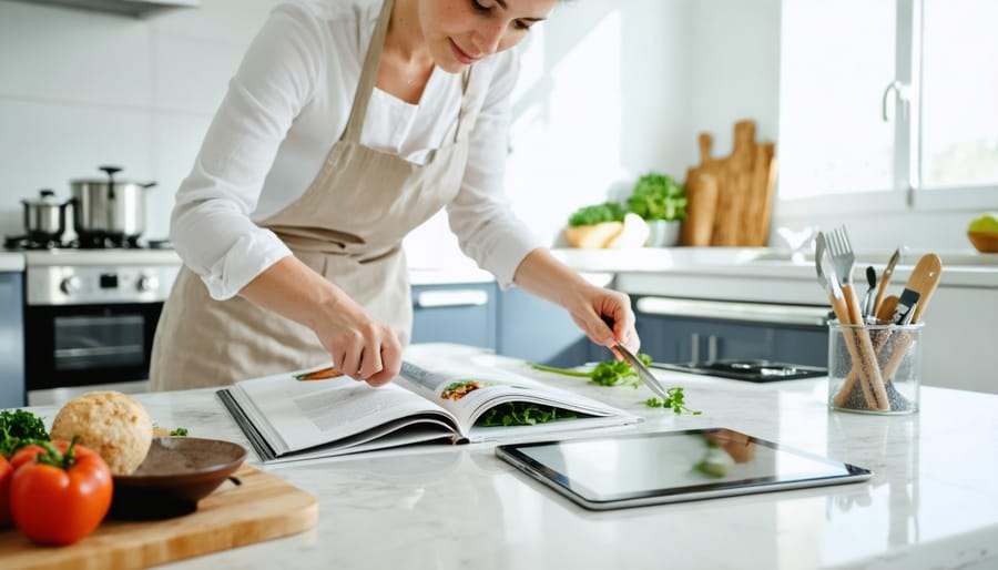 Cook following a recipe from a print magazine while preparing a healthy meal