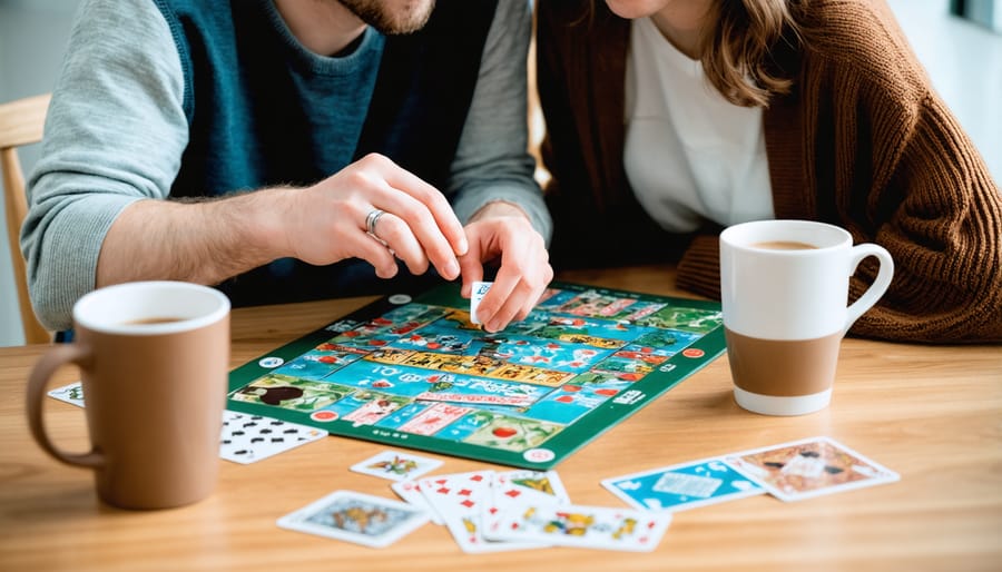 Married couple enjoying a board game together in their living room